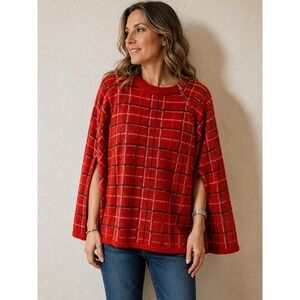 Vintage Red Plaid Fuzzy Knit Sweater Shoulder Zip Raglan Oversized Poncho